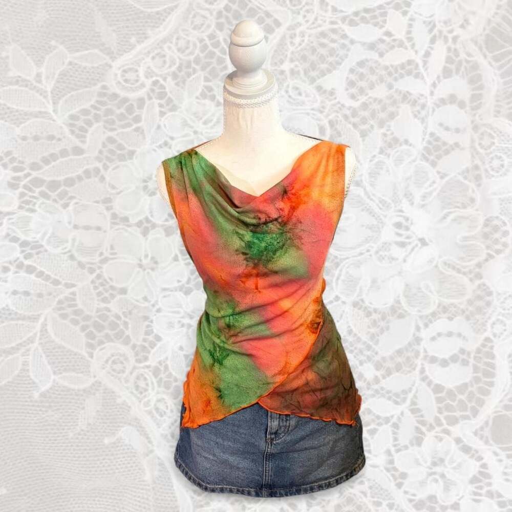 Gelaimei Mesh Tie Dye Cowl Neck Sleeveless Top Size LG